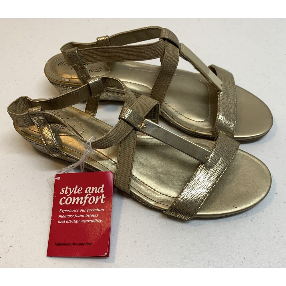 Dexflex Comfort Wedge Sandals Womens 9 Gold Sling Back Open Toe Prom Wedding